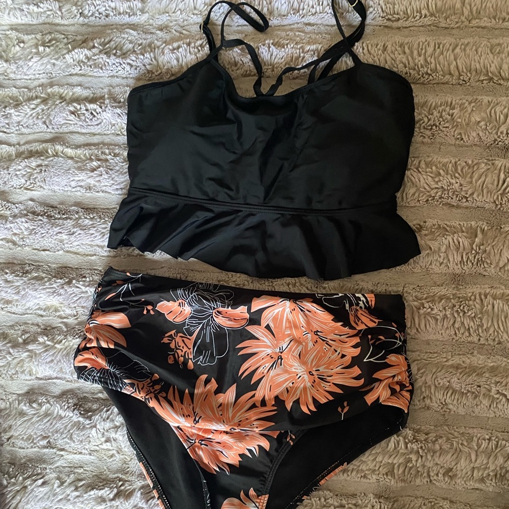Black floral two piece bathing suit (high waisted)
